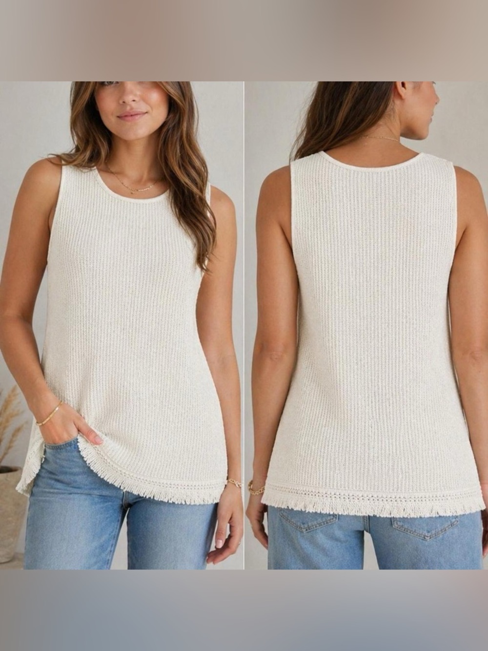 209 Wst 38 Ivory Knit Sleeveless Sweater Tank Top Fringe Hem Size XL Boho